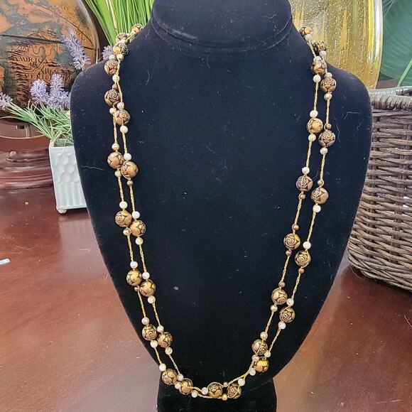Vintage Long Necklace with Bronze Rose Beads and Faux Pearls Gold Tone Jewelry - Picture 1 of 10